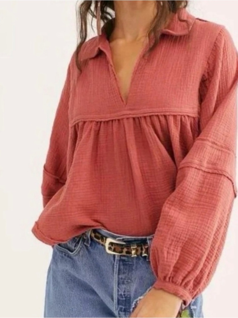 WE THE FREE PEOPLE Womens Silver Lining Shirt Pink V-Neck Collar Boho Cottage